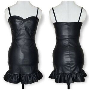 ⚡️Black Pleather Mini Dress Bodycon Form Fitting Sweetheart Neck Ruffle Hem Goth
